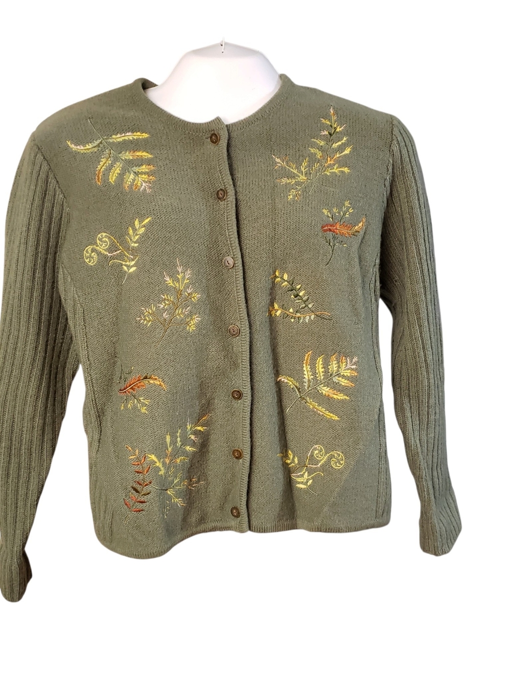 Susan Bristol Olive  Embroidered Button-Front Women's Sweater 100% Wool Size L